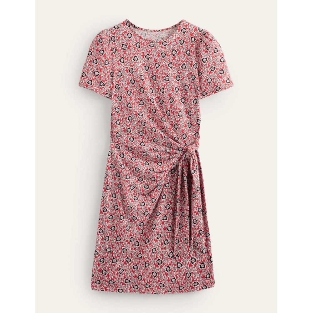 BODEN Women's Petite Knot Front Jersey Dress In Tomato, Clover Swirl 8P